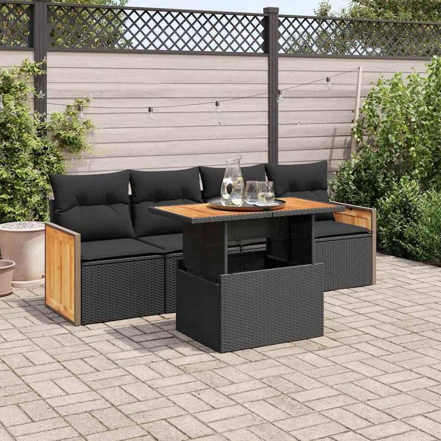 Salon de jardin 5 pièces avec coussins en résine tressée d'acacia noir