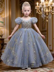 Tween Girls' Party Dress Long Gown, Luxury Wedding Banquet Princess Dress, Short Puff Sleeve Summer - Grey - View 2