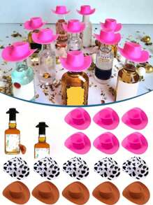 12Pcs/Set Mix Plastic Mini Western Cowboy Hats, Plastic Mini Party Hats, Party Favors, Party Accessories, Doll Decorations, Wine Bottle Decorations, Anniversary & Birthday & Wedding & Bachelor Party Favors Decorations, Mother Day Gift, Diy Crafts, Jewelry Making, Graduation Decorations 2025, Cute Multicolor Cap Accessories Collection - Multicolor - View 2