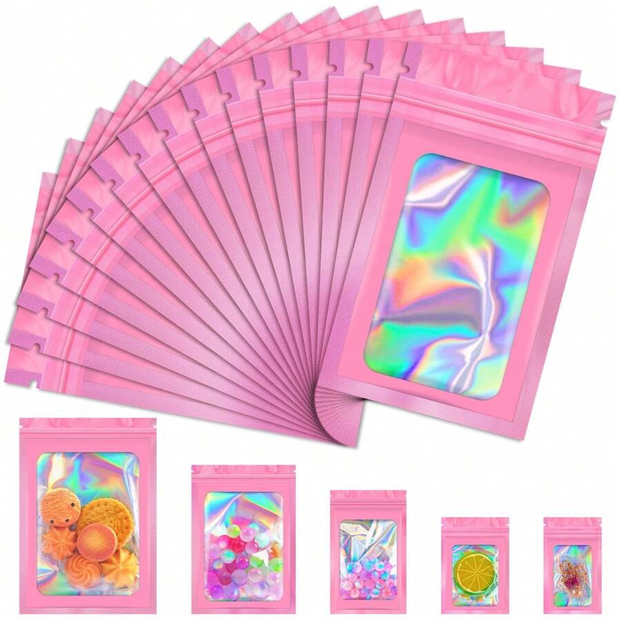 50个粉色可重复密封袋，透明窗口食品保鲜袋，糖果袋，软糖袋，铝箔袋，派对礼品包装袋，婚礼和生日用品，家居和派对装饰，情人节派对，家居装饰，家居礼品