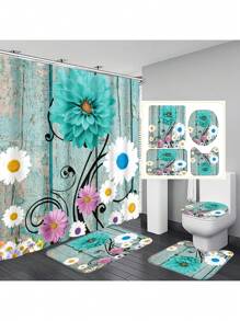 1 Stück / 4 Stücke farbenfrohe abstrakte Blumen Kunstwerke Multifunktions Badezimmer wasserdichter Duschvorhang mit 12 Haken, rutschfeste Badmatte, U-förmige Toilettenvorlage und runde Toilettendeckelabdeckung, Badezimmer Set für alle Szenarien Schulanfang