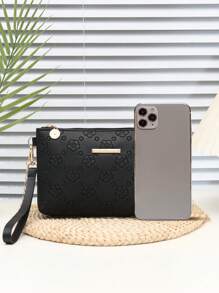Mini PU Black Floral Embossed Minimalist Solid Color Shoulder Handbag With Chain - Black - View 4