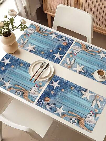 Conjunto de 4/6 peças vibrantes de verão tema náutico estrela do mar concha padrão rede de pesca jogos americanos, ótimo para festas de fim de ano, decoração de mesa de jantar de cozinha de casa costeira