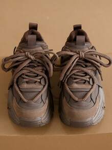 New Platform Thick Bottom Casual Increase Height Women Shoes, Fashion Versatile Mesh Breathable Chunky Sneakers, Leather Patchwork Stylish Personalized Female Student Women Shoes, Miarrayed Style Outdoor Women Shoes - Brown Velvet - View 1