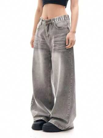 Vintage tvättade jeans med vida ben för tonårsflickor, löst sittande jeansbyxor med raka ben, Casual & Snug Fit