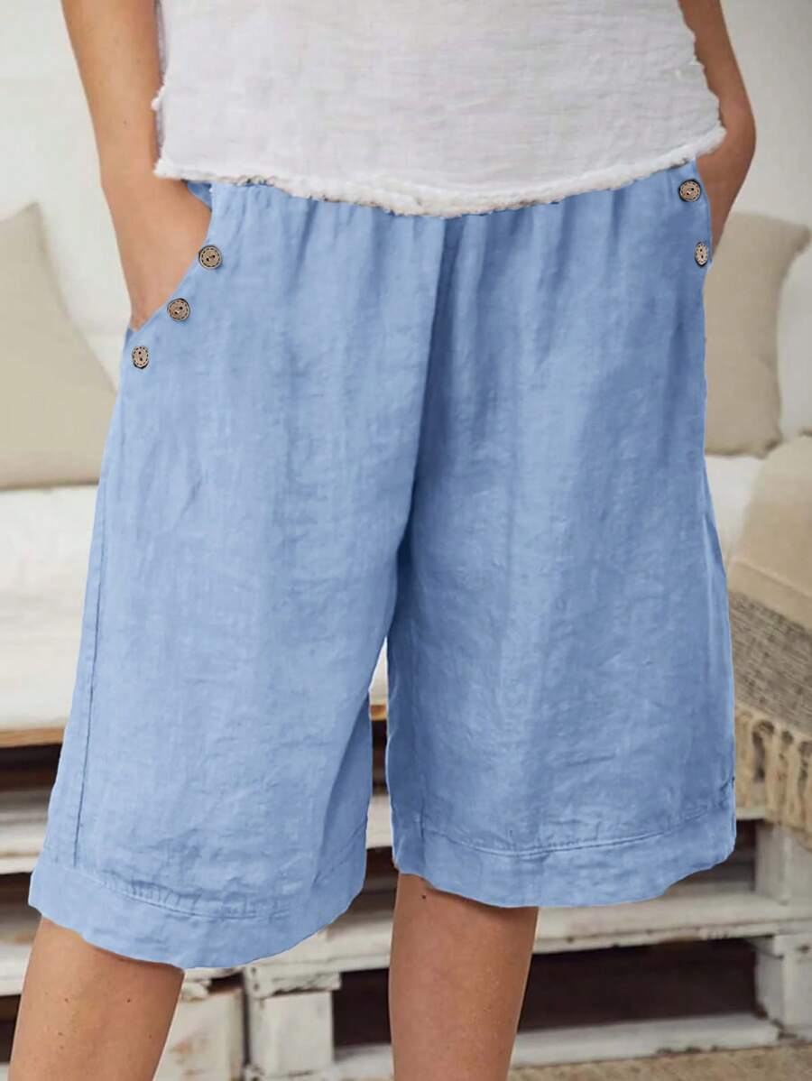 Jisfaneya Solid Color Pleated Design Fabric Blue Wide Leg Casual Shorts, Spring/Summer - Blue - View 1