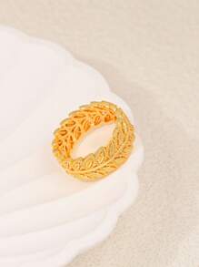 1 peça Anel com design de folha banhado a ouro 24K, estilo neutro e moderno, requintado e elegante, versátil para homens e mulheres, adequado para reuniões diárias, várias ocasiões para usar joias de alta qualidade, perfeito para presentes de Eid