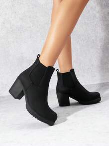 Women's Chunky High Heel Chelsea Ankle Ladies Boots Stylish Suede Fashion Shoes - Black-pU - View 3