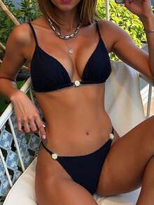 女士时尚性感两件套比基尼套装，时尚，适合夏季海滩度假 - 黑色 - 查看 1