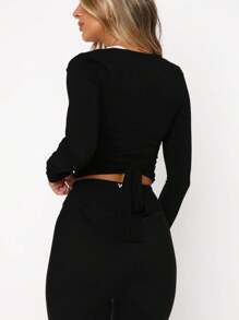 Cross Wrap Tie Top For Women Y2k Fairy Long Sleeve V-Neck T Shirts Ruched Shirts Slim Fit Crop Top Tie Ballet Yoga Workout Tees Coquette Blouse Spring Summer Going Out Tops - màu đen - Xem 3