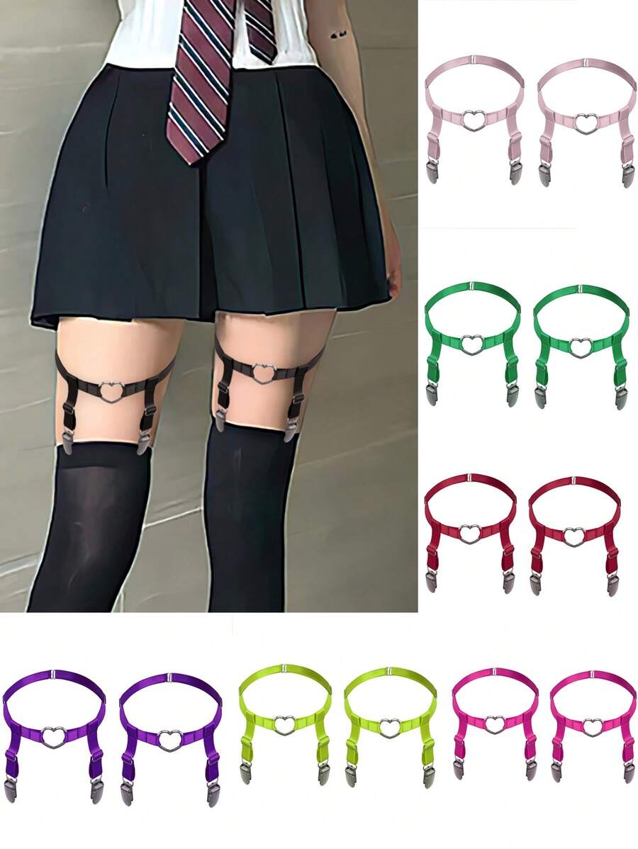 2 Pcs Adjustable Elastic Thigh Garter Belts Punk Gothic Heart Leg Garter With Metal Clip - Multicolor - View 1