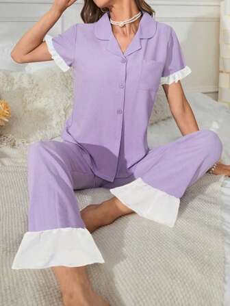 2 件套女士华夫格花边睡衣，春夏优雅紫色柔软长袖上衣和长裤睡衣套装，V 领纯色舒适时尚两件套，两件套