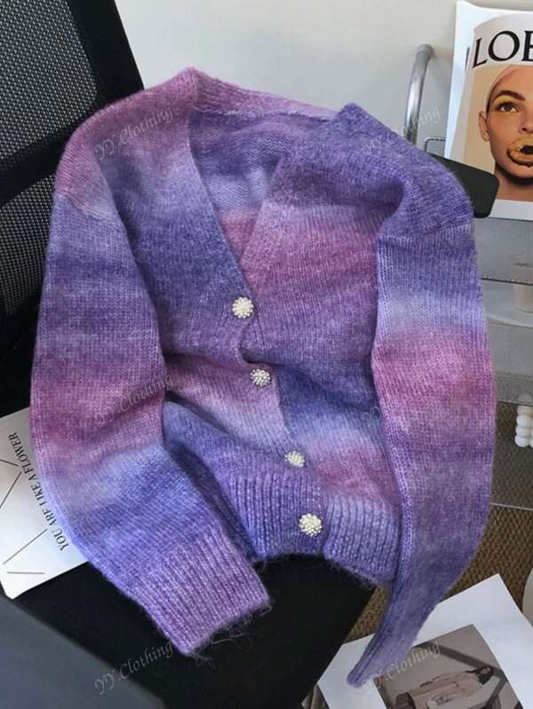 Ombre Color Loose Knit Cardigan For Women, Casual Outerwear