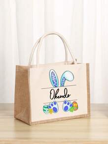 1pc Customized Name Canvas Bag, Easter Bunny Gift Bag, Easter Egg Storage Bag, Fashion Versatile Linen Bag For Beach Holiday, Wedding Party Favor Bag, Large Capacity Shoulder Tote Bag For Work And Daily Use, Suitable As Gift For Family, Friends, Christmas, Easter, Spring Festival, Mother's Day, Women's Day, Valentine's Day, Teacher's Day, Nurse's Day, Birthday - Multicolor - View 4