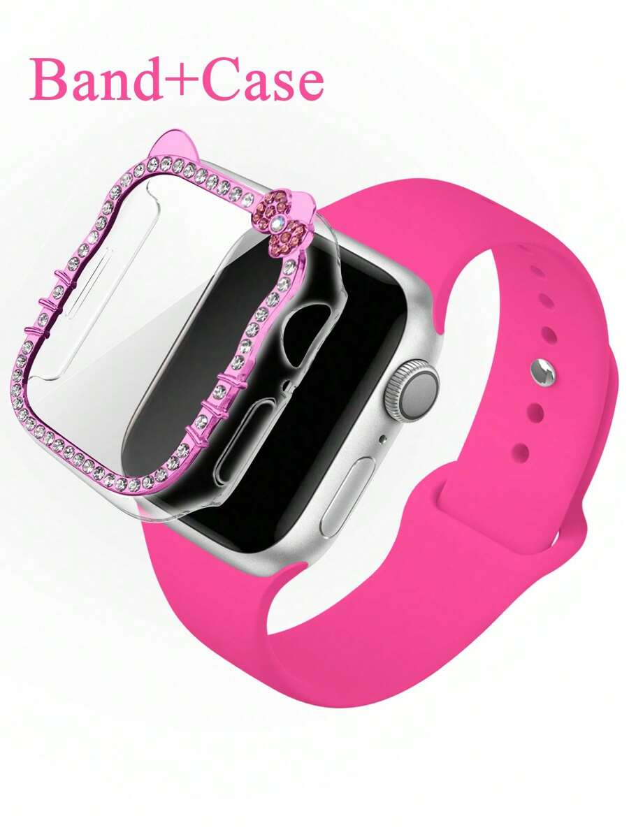 2pcs/Set Sports Silicone Strap, Shiny Diamond PC Electroplated Case With HD Hardened Tempered Glass Screen Protector