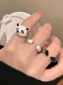 Set de 3 anillos/Anillo abierto de panda de dibujos animados lindo, set de anillos de muñeca de animal lindo, anillo desmontable creativo - Blanco y Negro - Ver 2