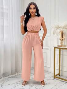 Amarilo Women's Casual Solid Shoulder Pad Round Neck Cropped Top & Wide Leg Pants Set - Pink - View 5
