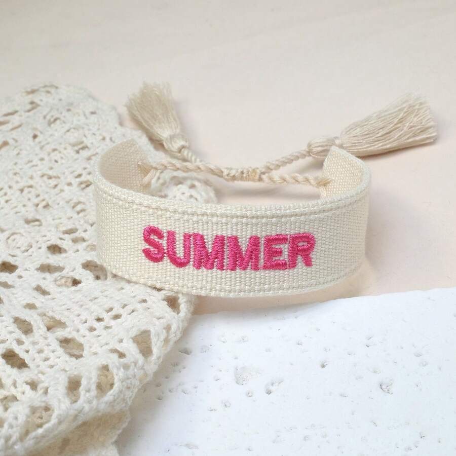 1 件创意复古刺绣“SUMMER”字母友谊手链，波西米亚海滩风格，适合家人、朋友、学生、节日礼物、派对、海滩旅行和日常穿着 - 米色 - 查看 1