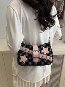 Y2K Fashionable Multi-Function Star & Moon Decor Unique Pink Chain Shoulder Bag,Women Baguette Bag, Niche Fashion Design, Steampunk, Goth, Lady's Bag - Black - View 4