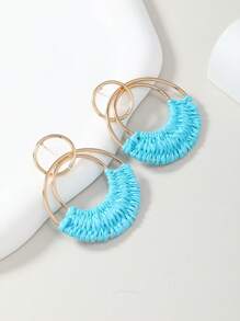1 Pair Bohemian Style Resort Rattan Round Earrings In Ivory White, Fuchsia, And Orange, Hand-Woven, Fashionable For Women, Suitable For Daily Wear