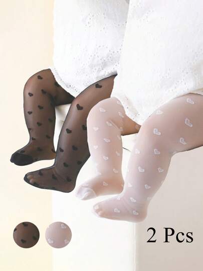 2 件女童婴幼儿心形印花紧身裤，柔软网眼连裤袜，纯色紧身裤，适合日常生活、舞蹈练习、裙子搭配，春夏