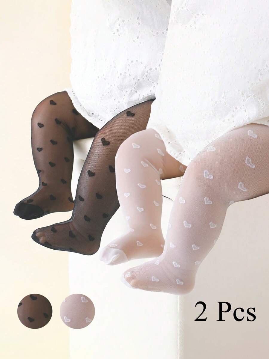 2 件女童婴幼儿心形印花紧身裤，柔软网眼连裤袜，纯色紧身裤，适合日常生活、舞蹈练习、裙子搭配，春夏