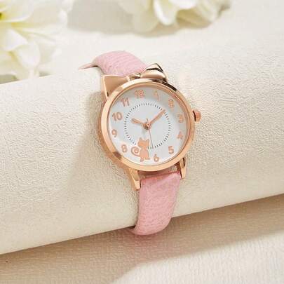 1 块石英手表，带有可爱的猫咪设计，适合青少年、女孩和男孩