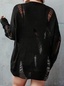 Suéter casual de mujer talla grande de unicolor, cuello redondo, hombros caídos, manga larga y efecto desgastado, adecuado para primavera, verano y otoño - Negro - Ver 2