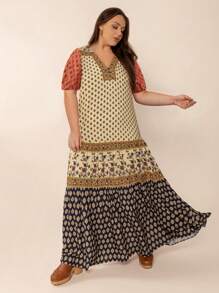 2025 Spring And Summer Multicolor Casual Elegant Floral Print V-Neck Short Sleeve Loose Plus Size Dress Beach Vacation Music Festival - Orange - View 4