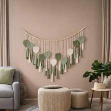 1 szt. Makrama ścienna, dekoracja ścienna w stylu boho z drewnianymi koralikami, frędzlami, liśćmi, gobelin w tle weselnym, tkany koc ścienny z frędzlami do wnętrz, tło zasłon