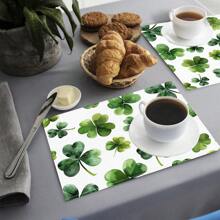 1pc/4pcs/6pcs, Home Decor Lucky Four Leaf Clover Art Print Linen Placemats, Suitable For Dining Table, All Seasons Decoration, Modern Style Washable Tablemat, Room Decor, Placemat, Coaster, Kitchen Dining Table Mat, Party Decoration, Home Decor, Ideal Gift