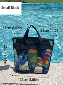 1pc Travel Beach Bag Toiletry Kit Handbag Outdoor Swimming Mesh Storage Tote Bag Portable Outdoor Storage Bag Suitable For Beach, Swimming, Camping, Hiking - Black - View 3