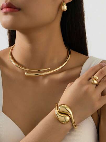 1 套优雅高端几何金属手链、戒指、项链、耳环首饰套装，女士时尚配饰，适合节日派对、舞会、约会、女朋友优雅礼物