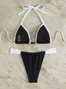 女士性感露背吊带极简比基尼泳装，沙滩度假夏季服饰 - 黑與白 - 查看 4