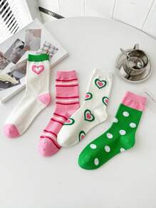 4pairs Socks For Women's Summer Thin Fashion Ins Green Polka Dot Mid-Tube Socks