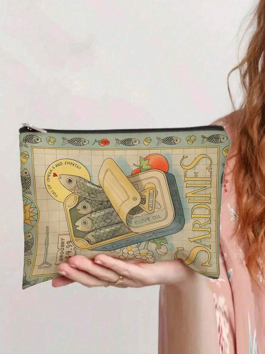 Vintage Sardine Can Design Canvas Makeup Bag - Humorous Travel Cosmetic Organizer Bag With Olive Oil Label Art, Unisex Multi-Function Storage Pouch, Portable Snack And Coin Purse, Creative Gift, Wallet Makeup Bag, Toiletry Bag, Travel Bag, Purses For Women, Cruise Essentials, Bathroom Storage, Travel Essentials Women - Multicolor - View 1