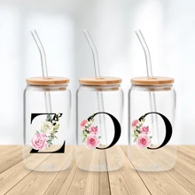 1 buc. Flori imprimate 3D, litere negre, ceașcă de sticlă cu capac, paie și perie cu paie, 16 oz, sticlă de apă, reutilizabilă, simplă, transparentă, de băut pentru lapte, ceai, petrecere, cafea, personalizată, creativă, utilizare în aer liber
