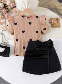 2pcs/Set Young Girl Elegant Cap Sleeve T-Shirt With Heart Print And Bow Decorated Skort Outfit, Summer