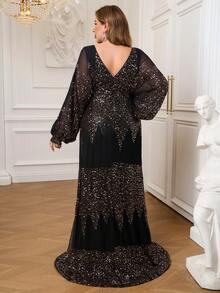 Seomiscky Middle-East Women Sexy V Neck Long Sleeve Sequin Split Party Elegant Dress - Gold - View 2