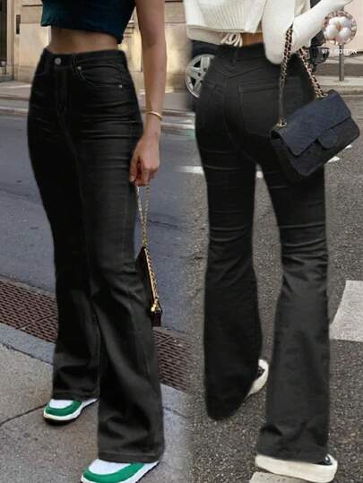 MYOURSA 女式喇叭裤弹力高腰牛仔裤，喇叭裤，优雅休闲日常工作约会街头服饰校园时尚服装纯黑色