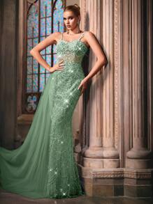 LUVISTRUE Goddess Temperament Sequins Splicing Summer Formal Dress Women Beaded Evening Gown For Charity Prom, Galas, Birthday Party, Red Carpet, Graduation Season Prom, Dinner Solid Color Spaghetti Strap Mermaid Gown Maxi Long Dresses - Mint Green - View 4