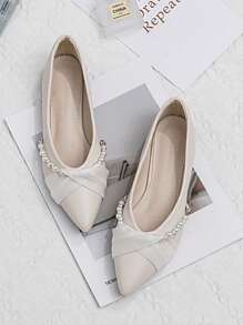 2025 Spring Fashion Pointed Toe Soft Bottom Low Heel Open Sides Women Mules, Comfortable Slip-On Flat Shoes With Pearl Decor, Versatile For Dresses, Indoor & Outdoor Wear All Season - Apricot - View 3