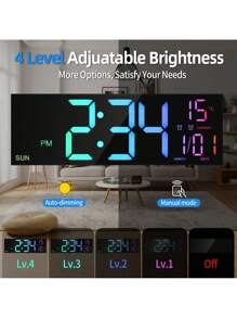 16.5inch Large Digital Wall Clock With Remote Control, Large LED/Double Alarm Clock/8 RGB Colors/Auto Brightness/Date/Auto Daylight Saving Time/Temperature/Ambient Light/Dimming/Timer, Suitable For Gym, Living Room, Bedroom, Office, Kitchen Home Wall Decoration, Valentine's Day Gift - White - View 4