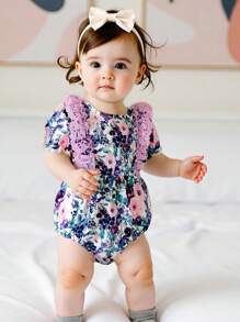 2Pcs Baby Girls Rompers Floral Print Lace Ruffles Round Neck Short Sleeve Infant Bodysuits Jumpsuits - Purple - View 7