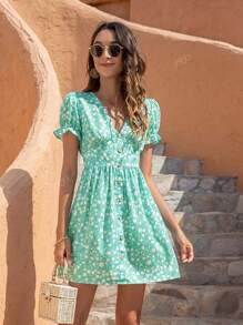 Summer New Ditsy Floral Bohemian Casual Button Front Pleated Hem Beach Dress