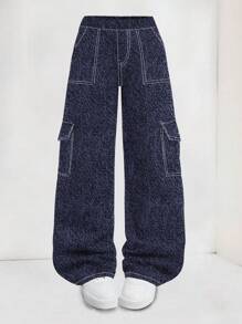 1pc Tween Girls Casual Loose Outdoor Sports Exercise Denim Effect Multi-Pocket Straight Leg Pants, Spring/Summer/Autumn/Winter - Blue - View 4