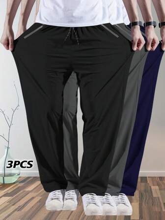3pcs Plus Size Men's Casual Loose Fit Sports Pants, Spring & Autumn Running Training Trousers