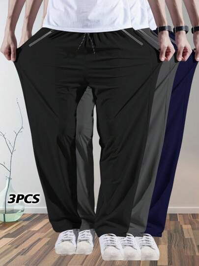 3pcs Plus Size Men's Casual Loose Fit Sports Pants, Spring & Autumn Running Training Trousers