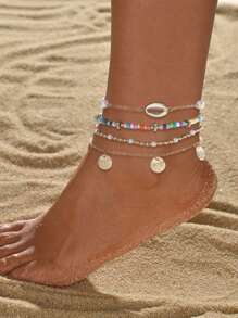 4pcs/Set Bohemian Alloy Shell, Circle Pendant, White Bead & Faux Pearl Anklets For Women, Suitable For Vacation Wear - Multicolor - View 8