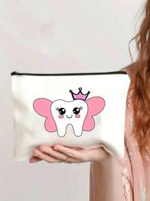 牙刷、牙齿印花卡通包、女士化妆包、学校铅笔袋、旅行盥洗包、女士可重复使用盥洗包储物袋手提包零钱包派对礼品学校铅笔盒牙医礼品 - 彩色 - 查看 3